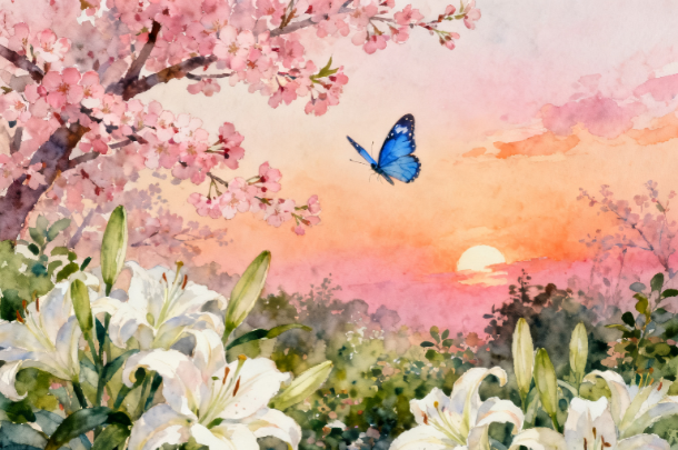 Watercolour painting of a blue butterfly fluttering above white lilies in the foreground, pink cherry-blossom branches to the left, and a warm orange–pink sunset with the sun low on the horizon.