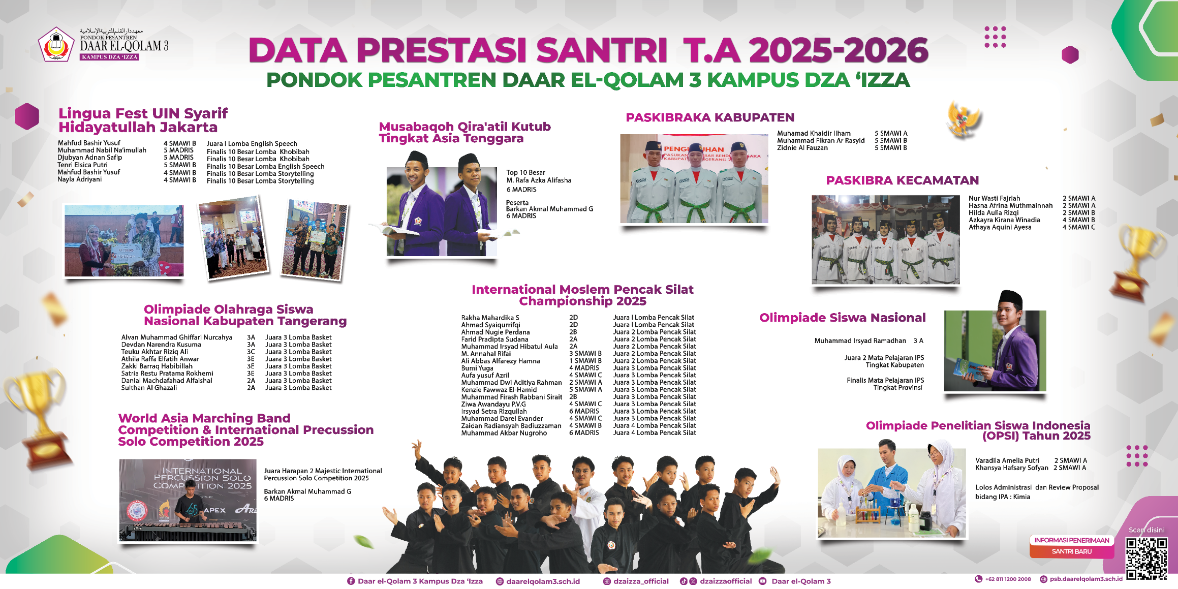 Colourful poster titled Data Prestasi Santri T.A 2025–2026 from Pondok Pesantren Daar El-Qolam 3 Kampus Dza ’Izza listing student achievements with accompanying photos of groups—a Pencak Silat team in black uniforms at the bottom, Paskibra in white uniforms, a student in purple graduation attire, marching band/percussion images and a science lab scene—set on a hexagon-patterned background with trophy graphics and a QR code.