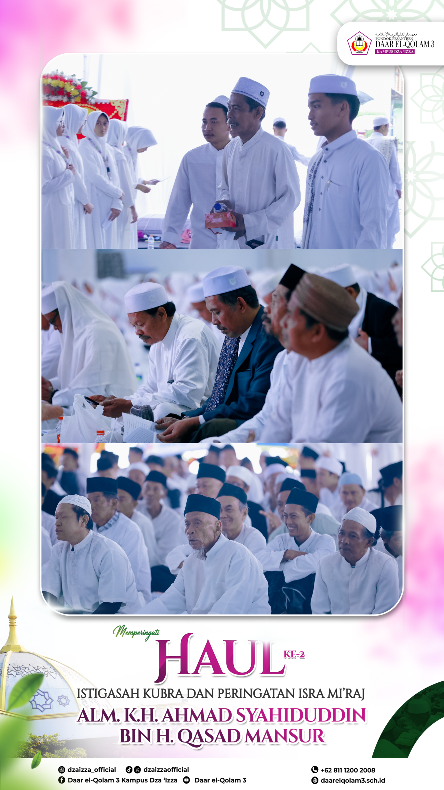Poster with three stacked photographs of a Muslim memorial gathering showing men and women in white religious dress and caps seated and standing, accompanied by the event title 'Haul', the deceased's name and the Daar El-Qolam logo.