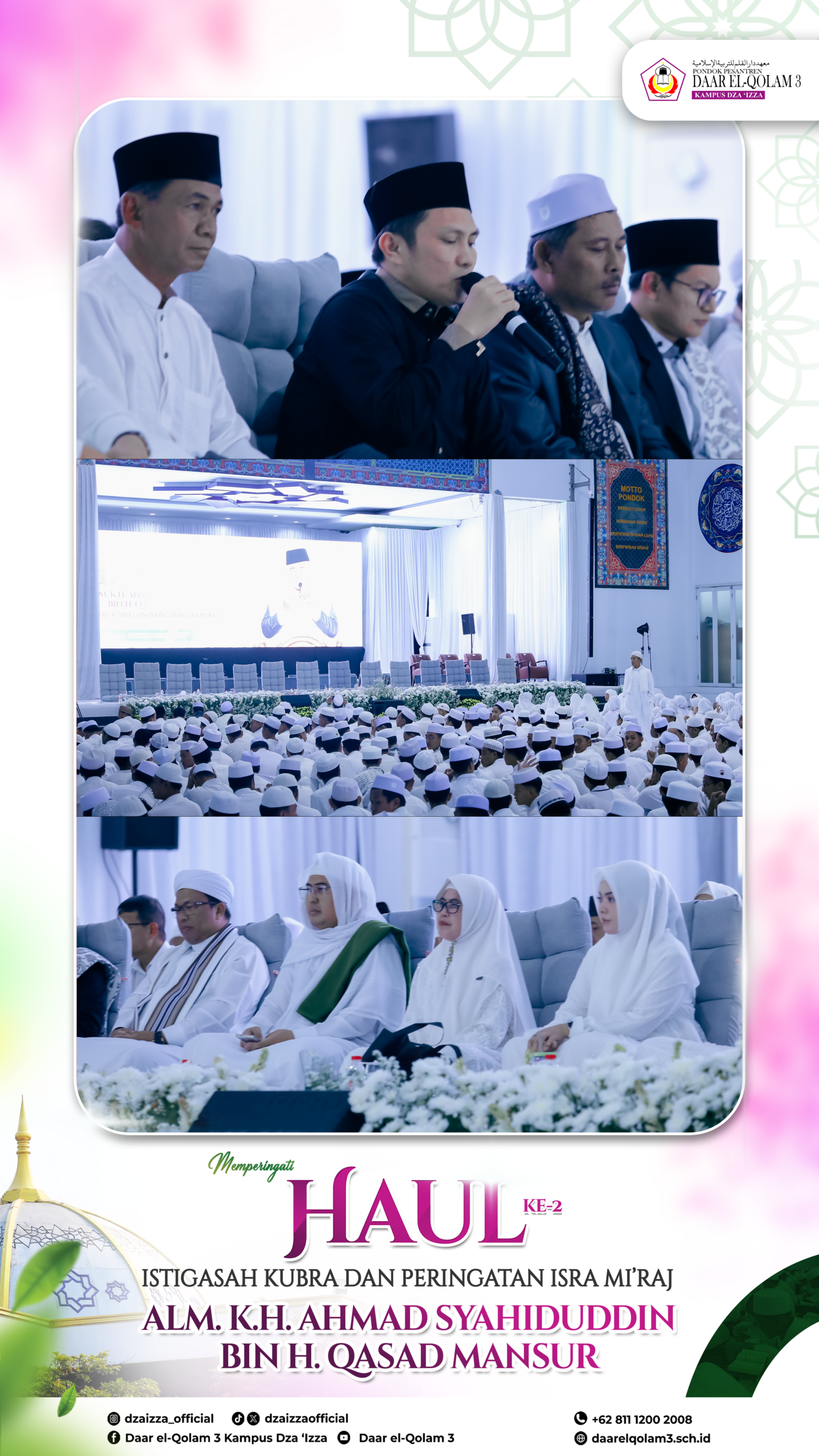Poster with three stacked photos of an Islamic memorial at Daar El-Qolam 3 — top: male speakers with one holding a microphone; middle: a packed hall of male attendees in white caps facing a stage; bottom: women in white hijabs seated in the front — with text commemorating the 2nd haul and Isra Mi'raj for the late K.H. Ahmad Syahiduddin bin H. Qasad Mansur.