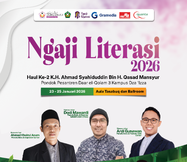 Promotional poster for Ngaji Literasi 2026 with large magenta title, event dates 23–25 Januari 2026 and venue details above three speaker portraits (Ahmad Khoirul Anam, Dodi Mawardi, Ardi Gunawan) and sponsor logos across the top.