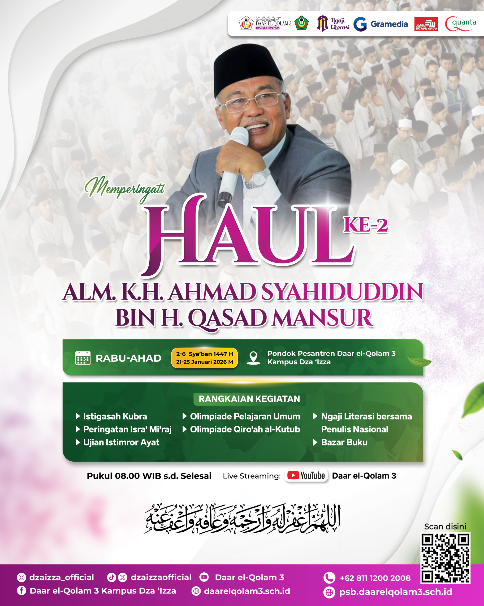 Poster advertising the second Haul memorial event for a late religious leader (name shown on the poster), featuring a smiling man in a suit and black cap holding a microphone against a faded crowd background, a large purple "HAUL" title, event dates and venue (Pondok Pesantren Daar el-Qolam 3), a green panel listing activities, sponsor logos across the top and contact details with a QR code at the bottom-right.