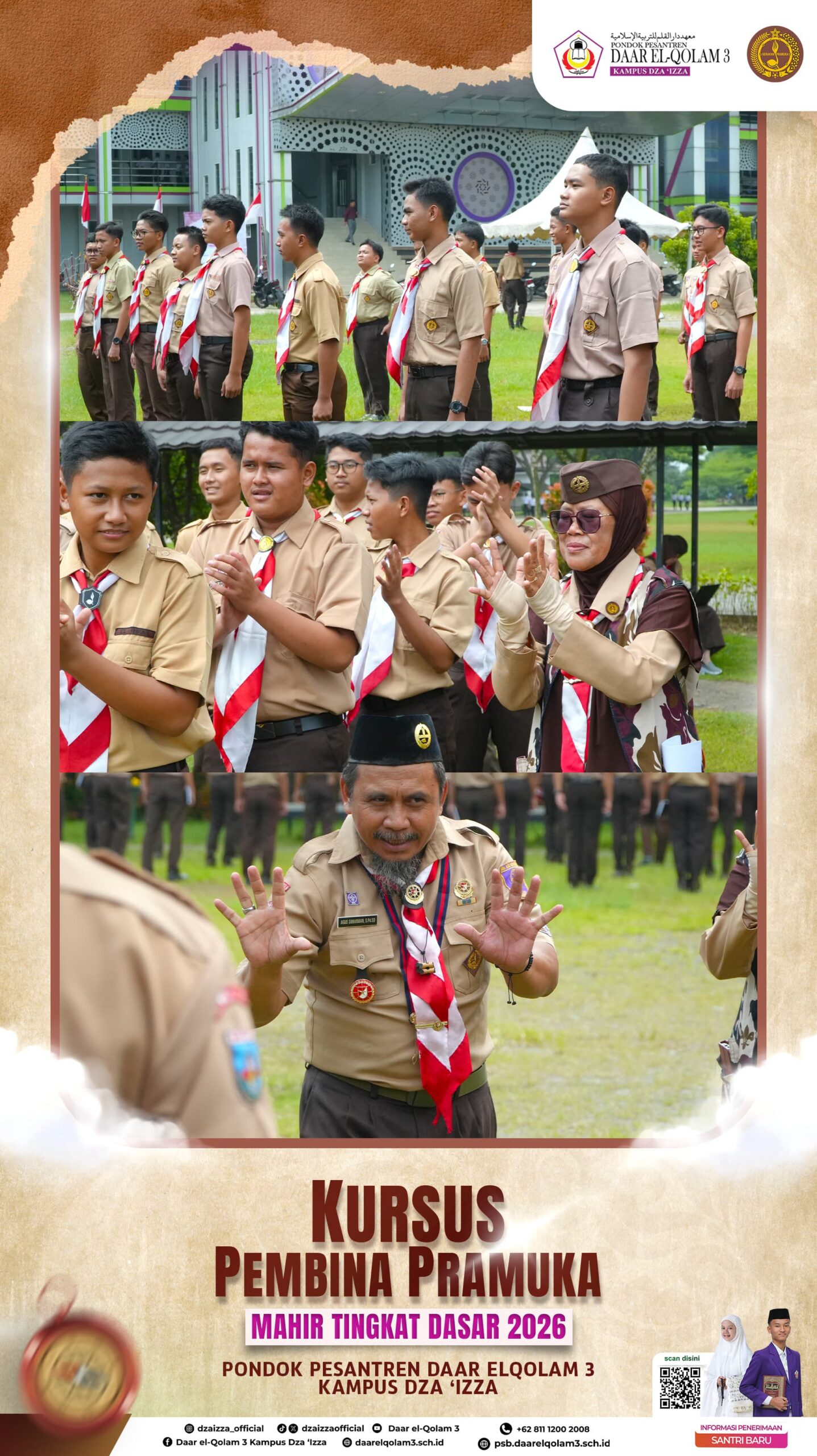 Poster for Kursus Pembina Pramuka Mahir Tingkat Dasar 2026 showing rows of Indonesian scouts in tan uniforms and red-and-white neckerchiefs standing and clapping in a schoolyard, with a bearded senior leader wearing badges gesturing and a hijab-wearing female leader visible in the photos and the event title and institution name printed at the bottom.
