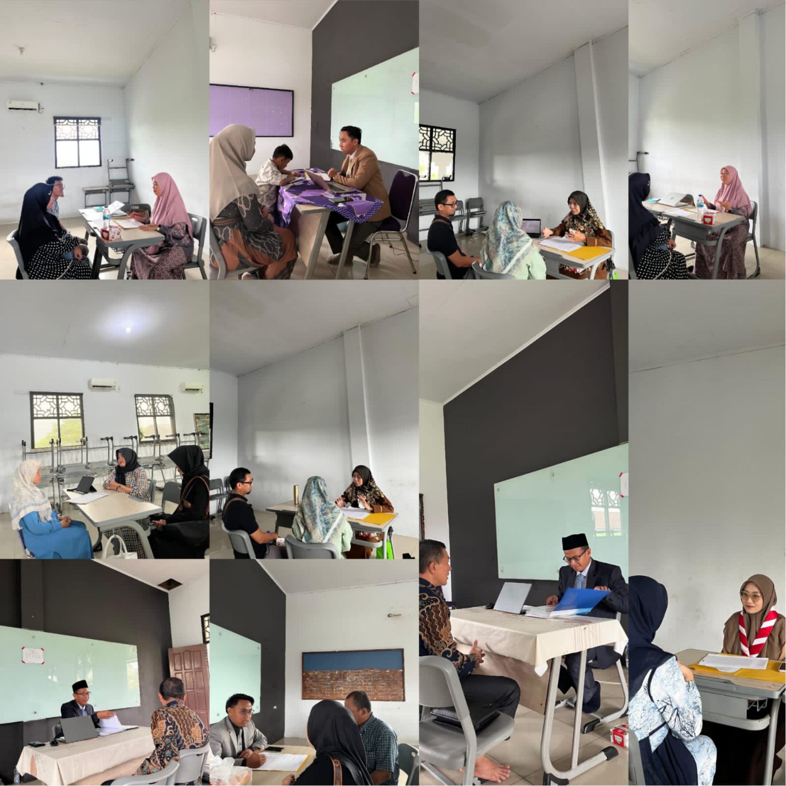 Collage of nine photos showing small interview-style meetings in a plain classroom with white walls, windows and whiteboards; groups of men and women—many women wearing hijabs—sit across tables reviewing documents and using laptops.