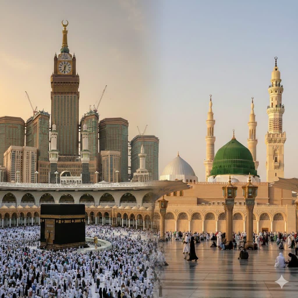 Split image showing the Grand Mosque (Masjid al-Haram) in Mecca with the Kaaba surrounded by thousands of pilgrims and the Abraj Al Bait clock tower on the left, and the Prophet’s Mosque (Al‑Masjid an‑Nabawi) in Medina with its green dome, minarets and worshippers in the courtyard on the right.