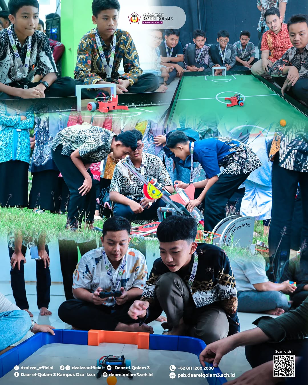 Groups of school students wearing patterned shirts and lanyards gather indoors and outdoors to test small wheeled robots on a tabletop green mini-football pitch and on the grass while peers operate controllers and adjust a larger robot.