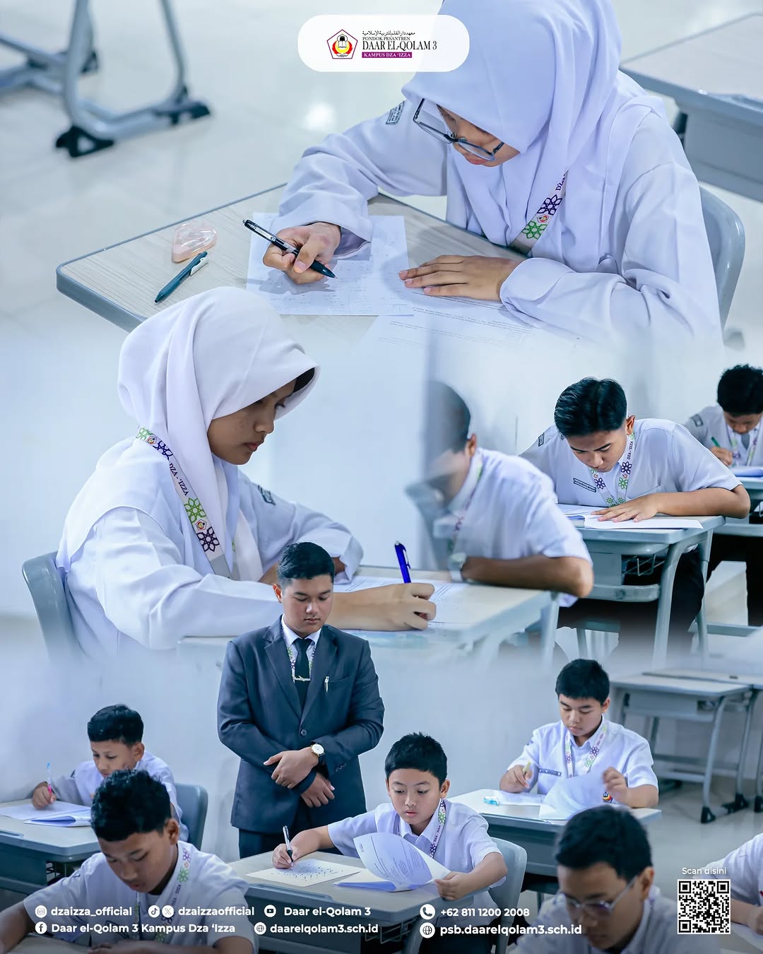 Students in white school uniforms, including girls wearing hijabs, sit at desks working on exam papers while a male invigilator in a suit stands supervising, with the school logo visible at the top of the collage.