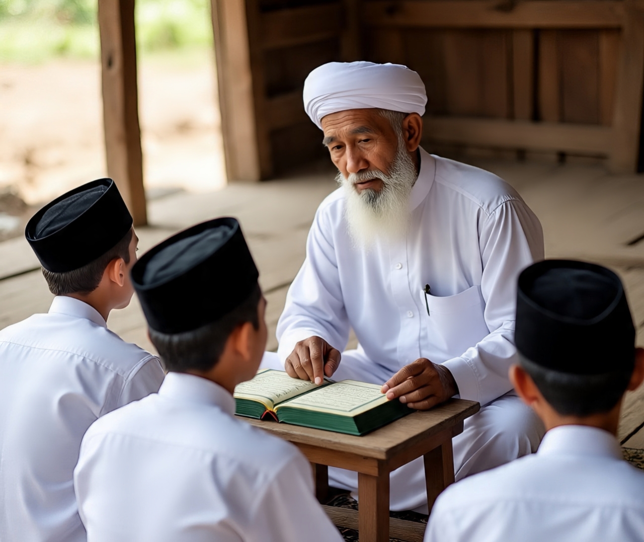 Elderly bearded man in a white robe and turban sits at a low wooden table reading from an open Qur'an while three boys in white shirts and black caps listen attentively inside a simple wooden building.