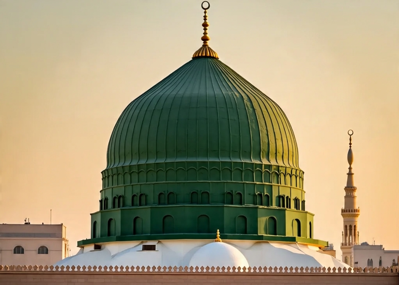 Sunlit large green dome with vertical ribbing and a gold finial atop a white base and crenellated parapet, with an ornate minaret visible to the right.
