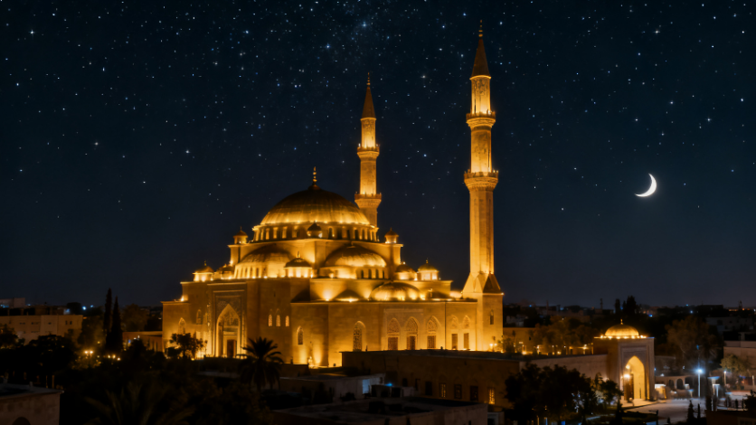 Large, gold-lit mosque with a central dome flanked by smaller domes and two tall minarets, glowing against a starry night sky with a crescent moon and silhouetted low-rise buildings and palm trees in the foreground.
