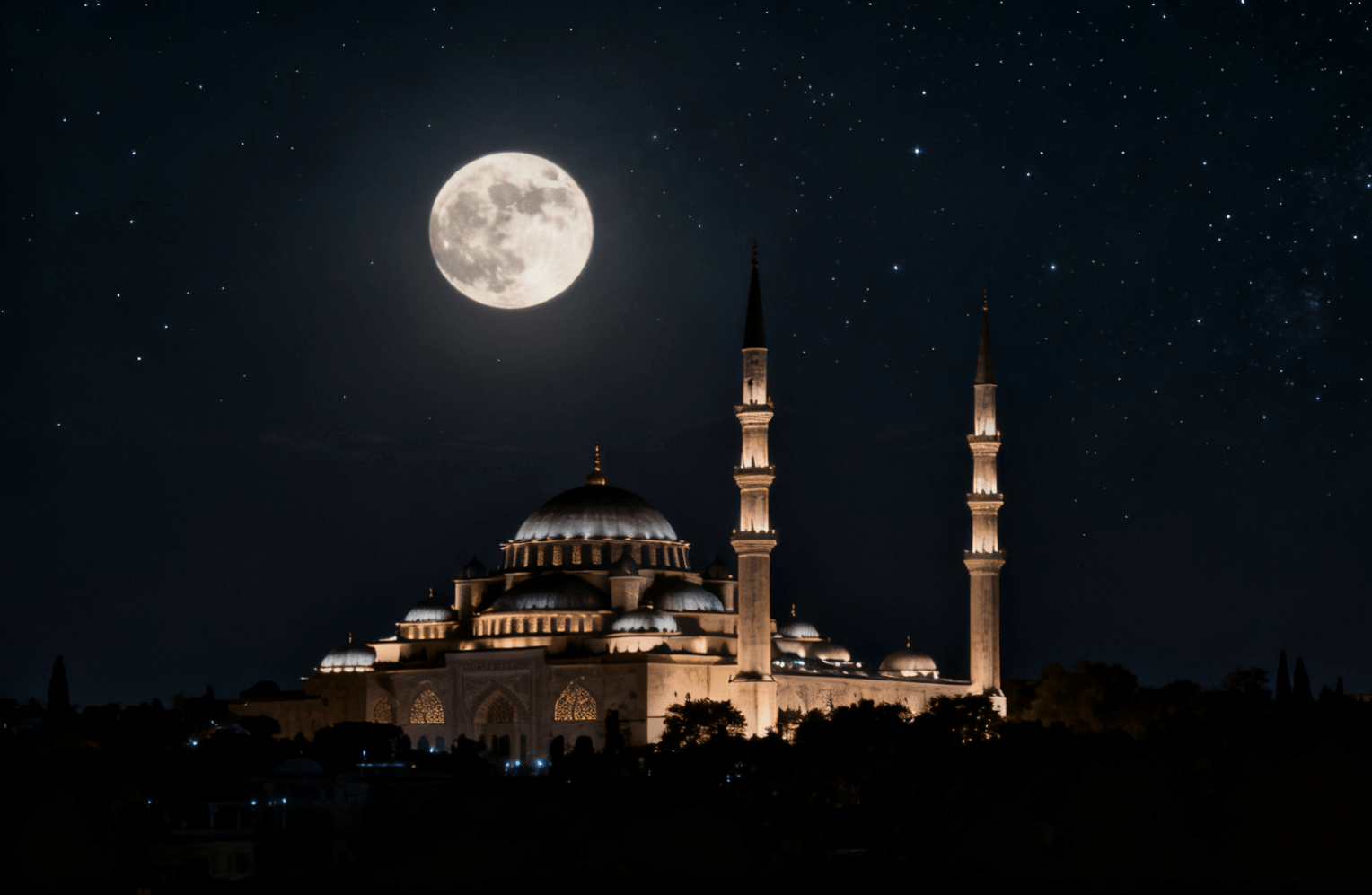 Large illuminated mosque with multiple domes and two tall minarets silhouetted against a star-filled night sky beneath a bright full moon