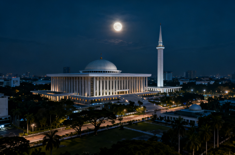 Large illuminated mosque with a domed roof and tall minaret beneath a full moon over a nighttime cityscape.