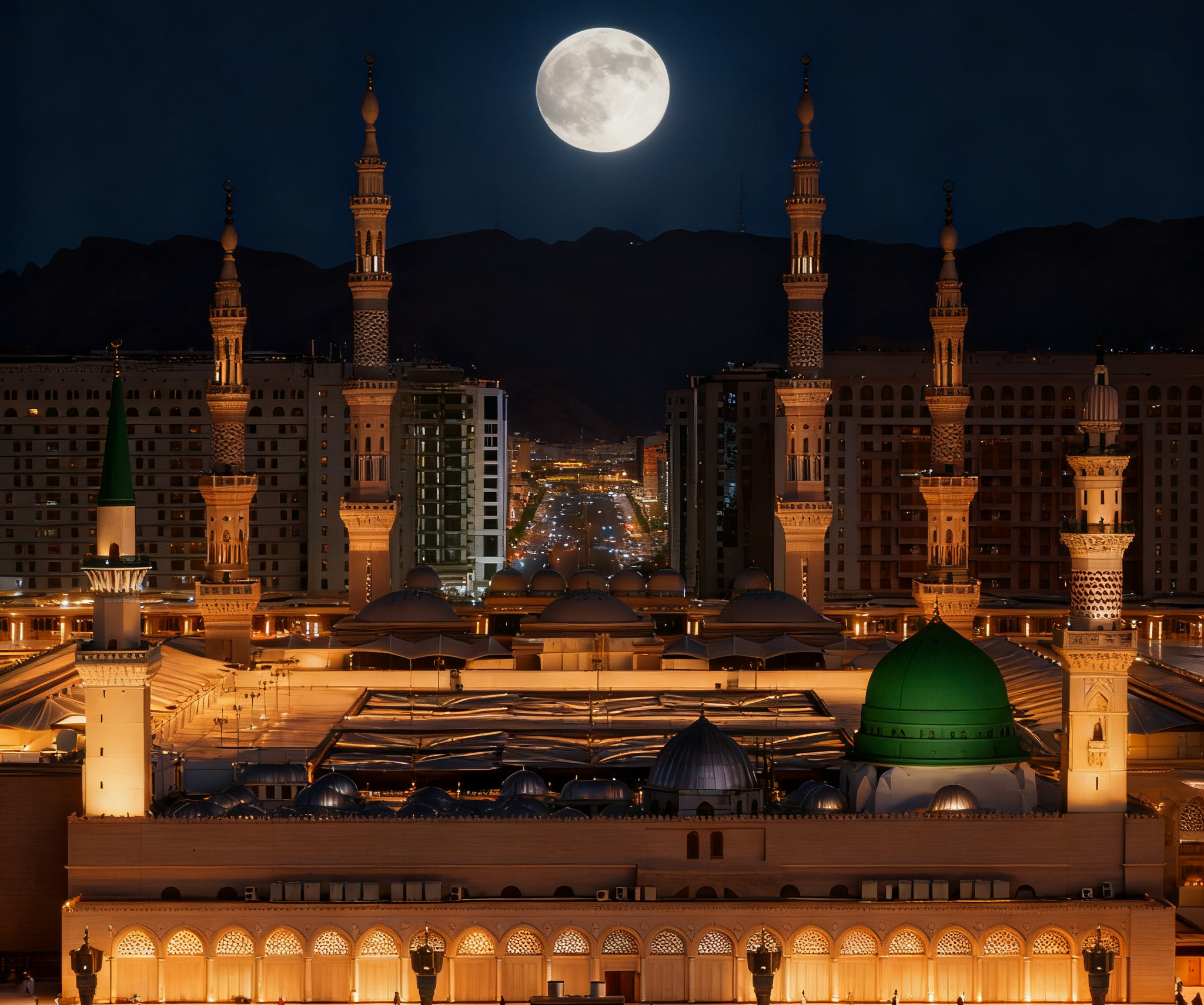 Night view of Al-Masjid an-Nabawi in Medina with illuminated minarets and its green dome beneath a full moon