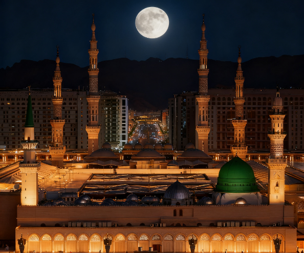 Night view of the Prophet’s Mosque in Medina with its green dome, illuminated minarets and a full moon above.