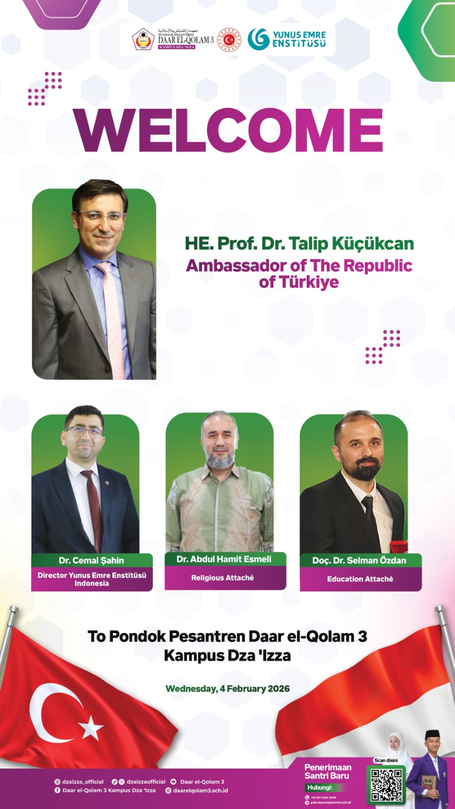 Welcome poster announcing a visit by a Turkish diplomatic delegation, with portraits of officials and Turkey and Indonesia flags.