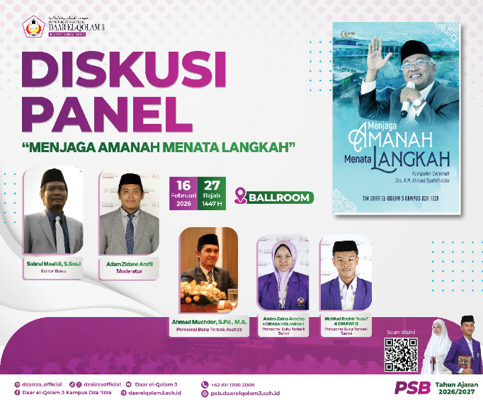 Diskusi Panel poster 'Menjaga Amanah Menata Langkah' with speaker headshots, book cover and date 16 Feb 2026