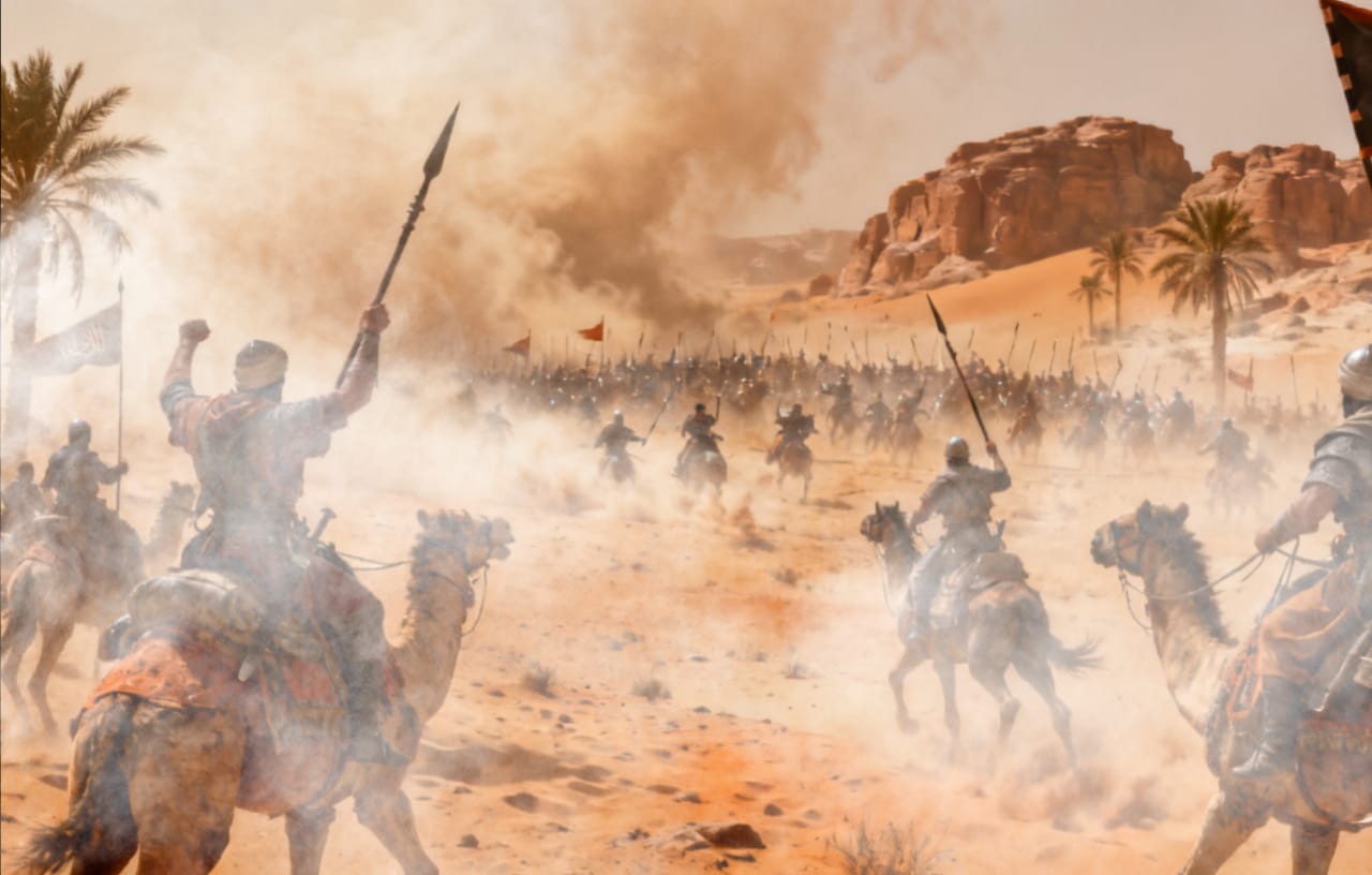 Camel riders charging through a dusty desert toward a distant army, spears raised, palms and rocky cliffs behind.