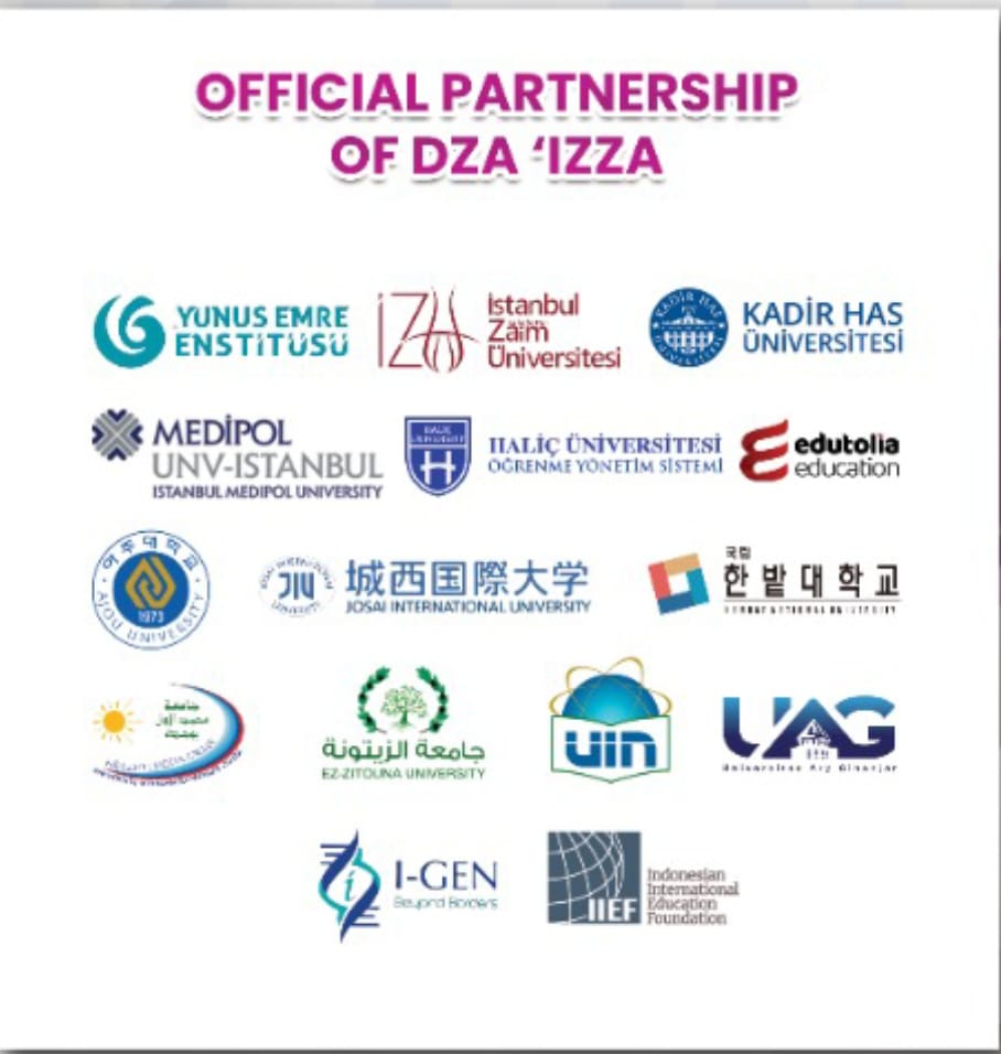 Official partnership poster showing a grid of university and education partner logos beneath the heading OFFICIAL PARTNERSHIP OF DZA 'IZZA