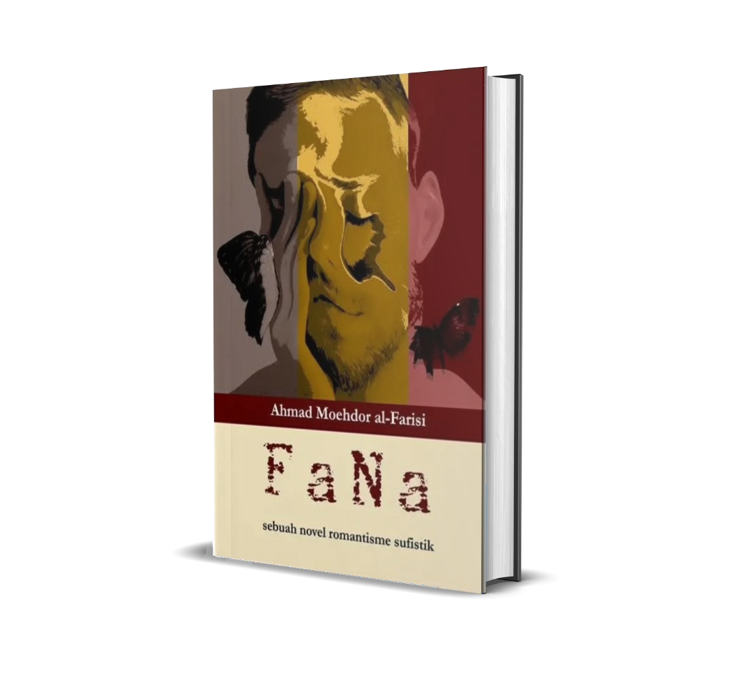 Cover of the novel FaNa by Ahmad Moehdor al-Farisi showing a stylised split face in yellow and red panels with butterflies.
