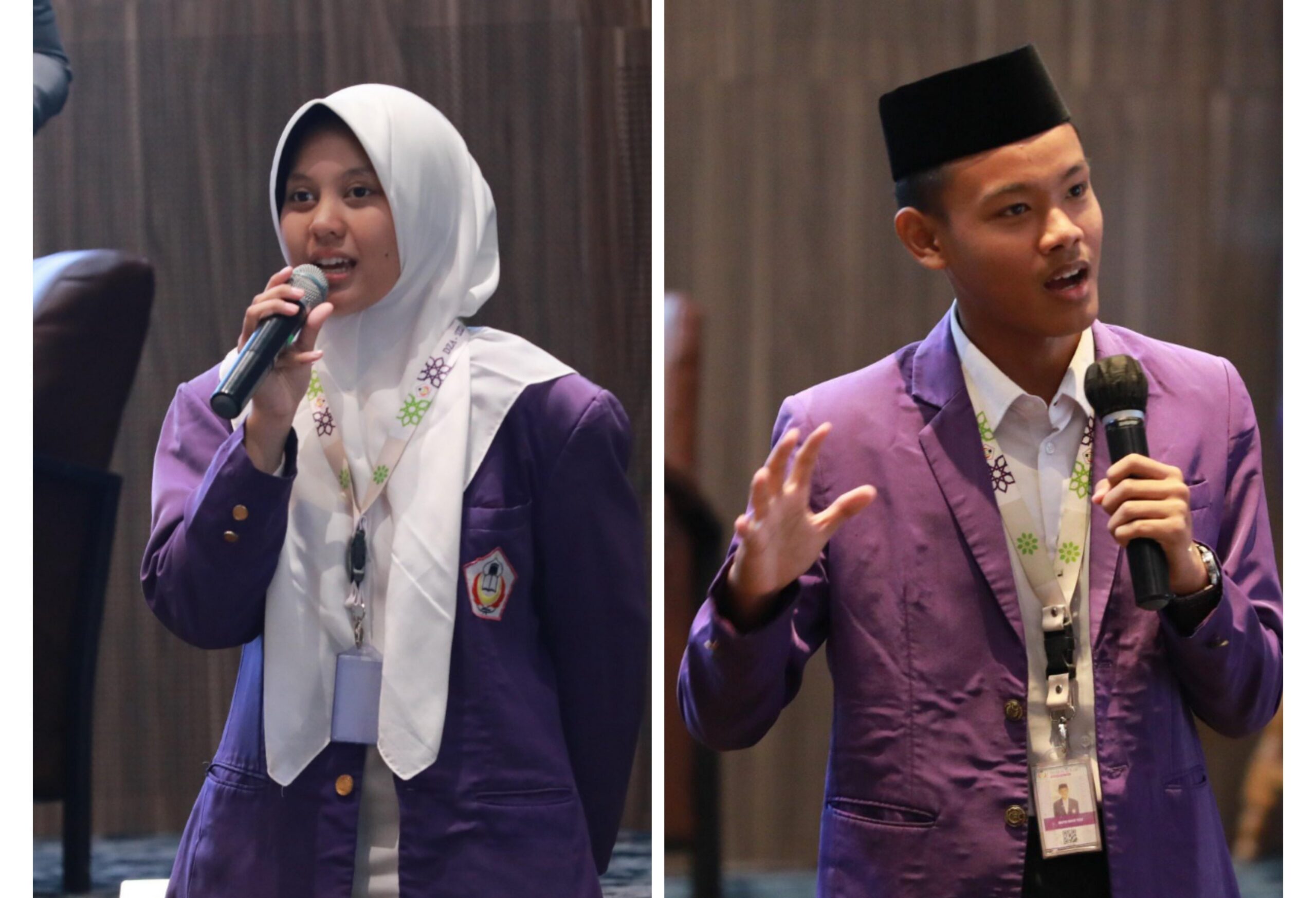 Two students in purple blazers speaking, left a hijab-wearing girl, right a boy in a black cap, both wearing lanyards.