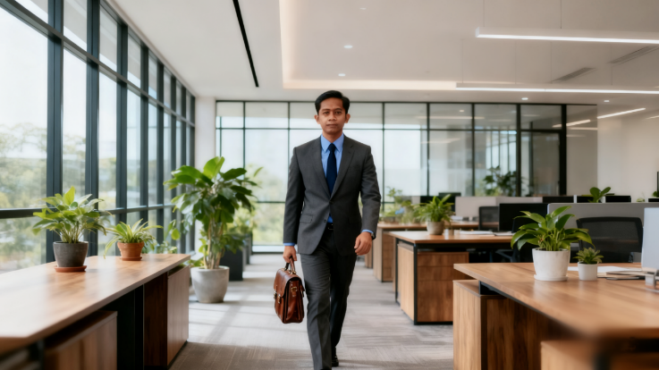Man in dark suit carrying a brown briefcase walking through a modern office with desks and potted plants.