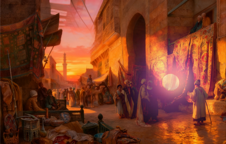 Sunset Middle Eastern market with hanging carpets and robed traders clustered around a glowing orb by an arched stone gate.
