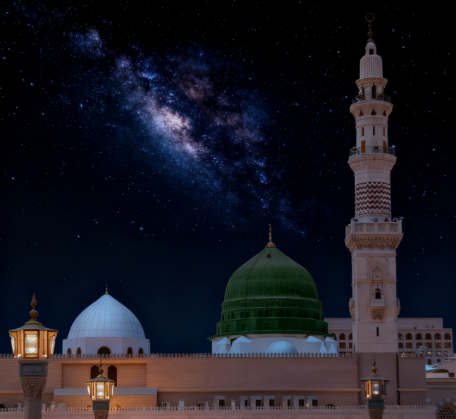 Mosque with a prominent green dome and tall minaret beside a white dome beneath a vivid Milky Way-filled night sky.