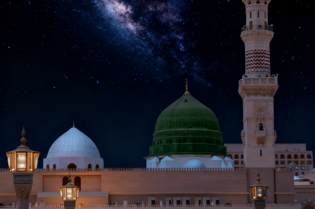 Green-domed mosque with nearby white domes and tall minaret, lit lamps in foreground under a starry sky and the Milky Way