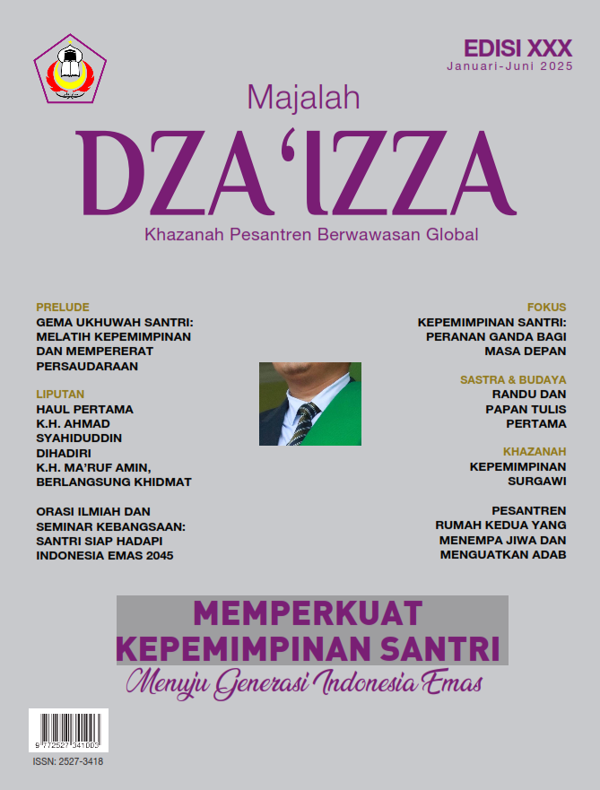 Magenta-titled magazine cover DZA'IZZA on grey background with subtitle Khazanah Pesantren Berwawasan Global and headline Memperkuat Kepemimpinan Santri