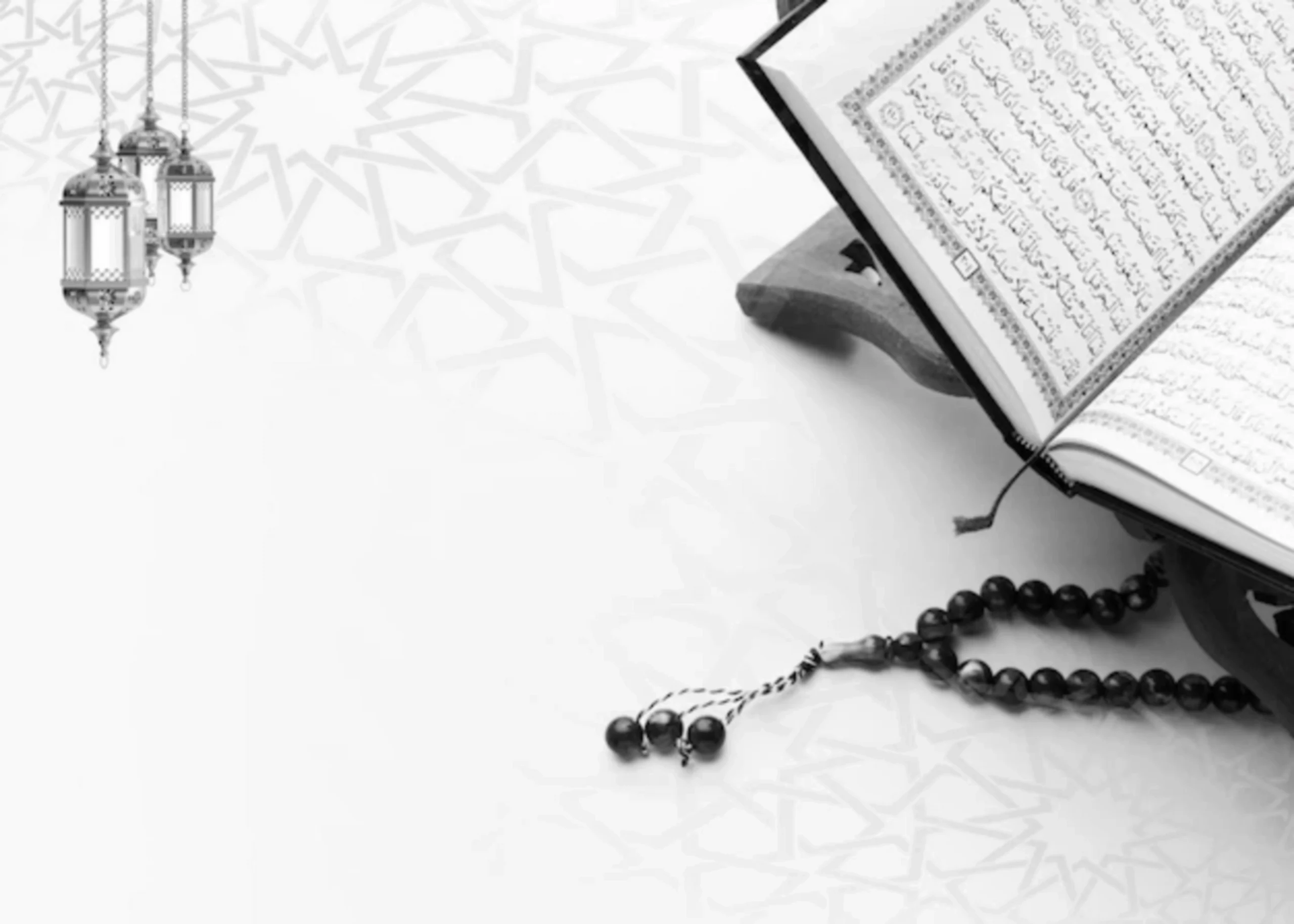 Open Qur'an on a wooden stand with prayer beads beside it and decorative hanging lanterns over a pale patterned background.