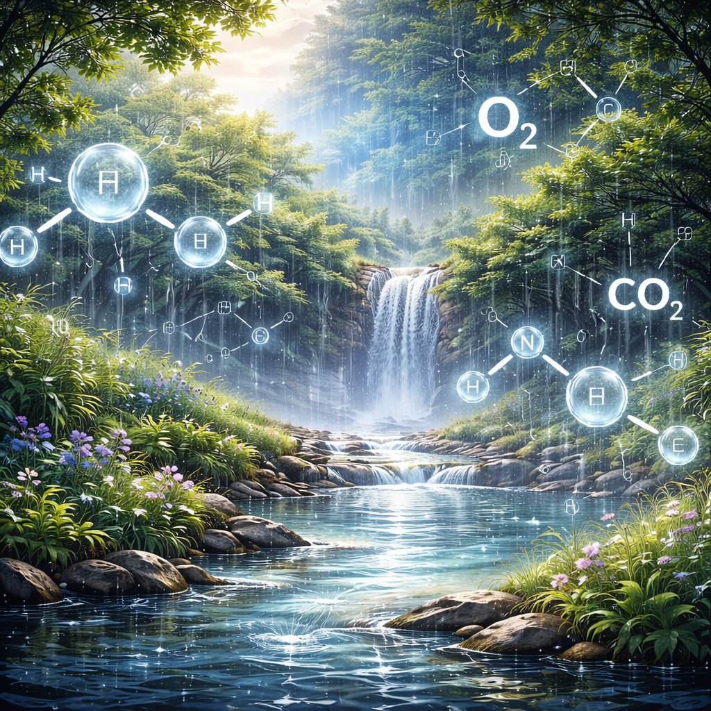 Lush forest waterfall and pool with glowing chemical symbols (O2, CO2, molecules) amid rain and wildflowers