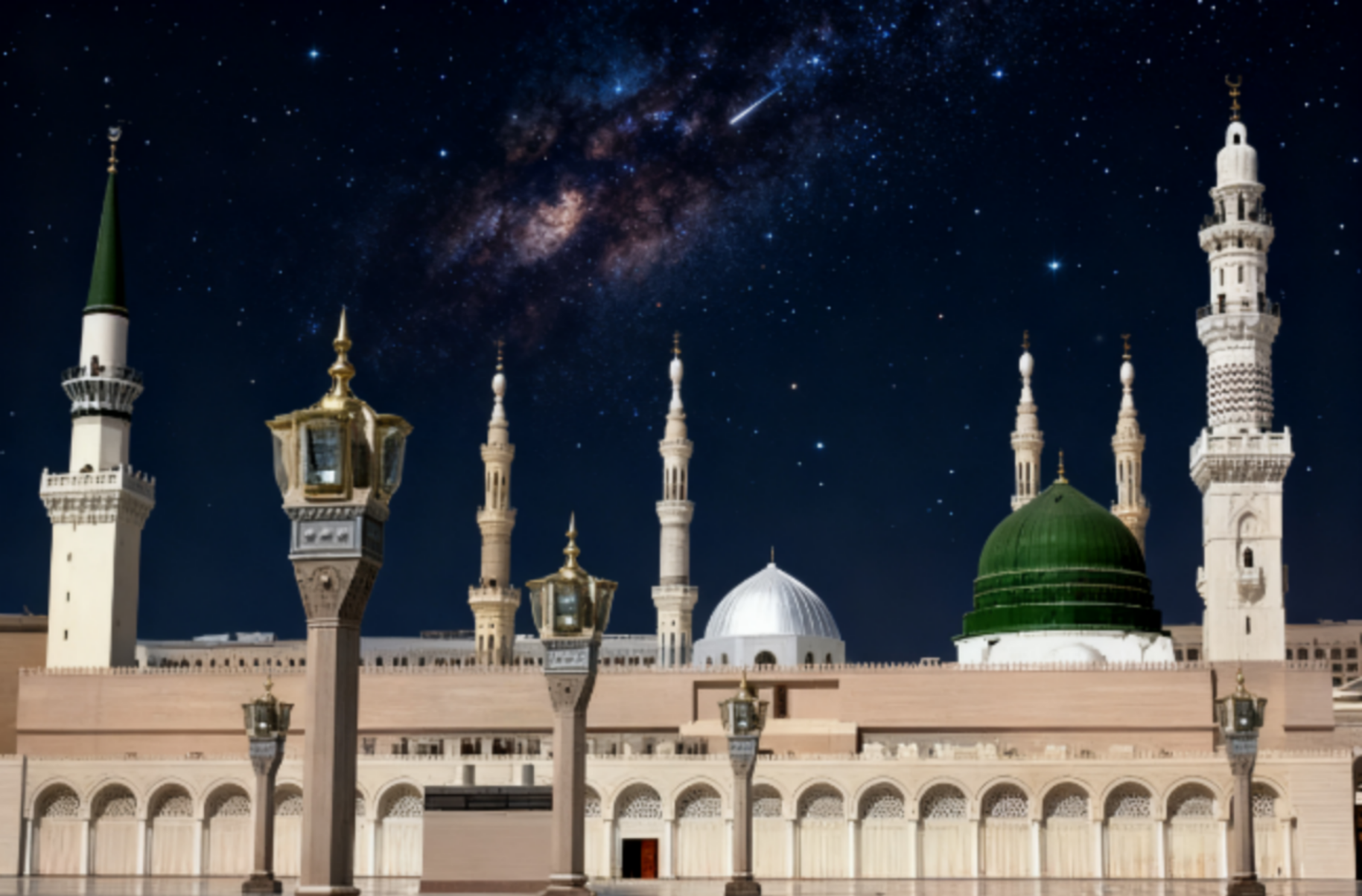 Ornate mosque courtyard with a prominent green dome, several minarets and tall lamps beneath a starry night sky