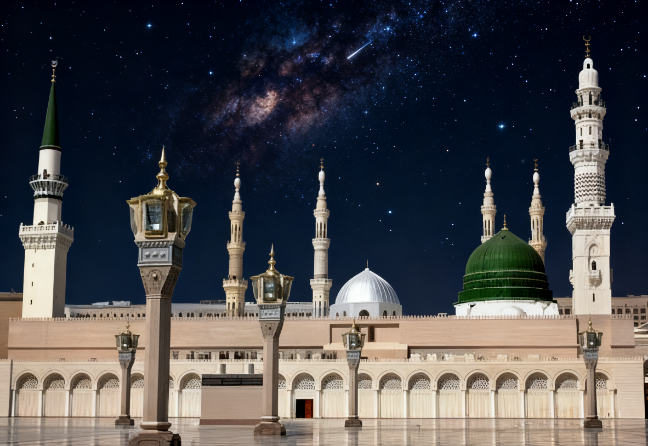 Large mosque with a prominent green dome, multiple white minarets and ornate courtyard lamps beneath a starry night sky.