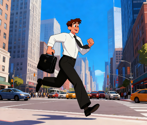 Animated young businessman in white shirt and tie running across a busy city street holding a briefcase, skyscrapers behind him