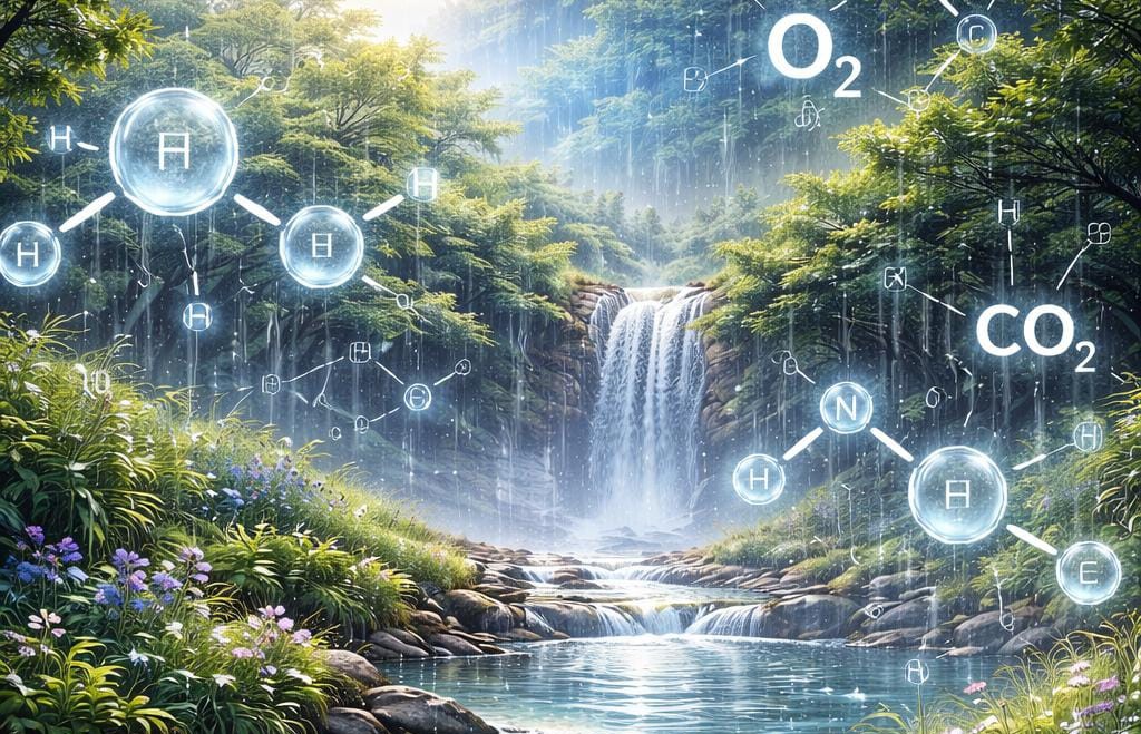 Lush forest waterfall and pool with glowing molecular symbols (CO2, O2, H, N) floating over the misty scene.