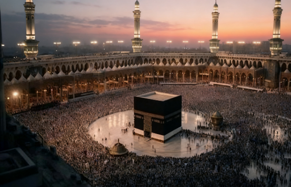 Kaaba at the centre of Masjid al-Haram with thousands of pilgrims circling the illuminated courtyard at sunset.