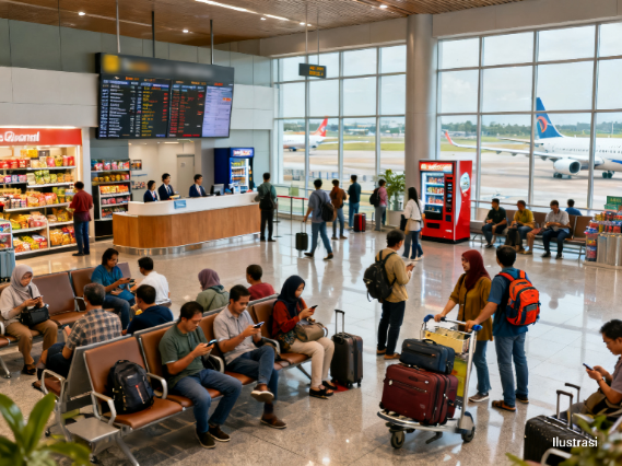 Busy airport terminal with passengers seated using phones, travellers with suitcases and trolleys, and planes visible outside.