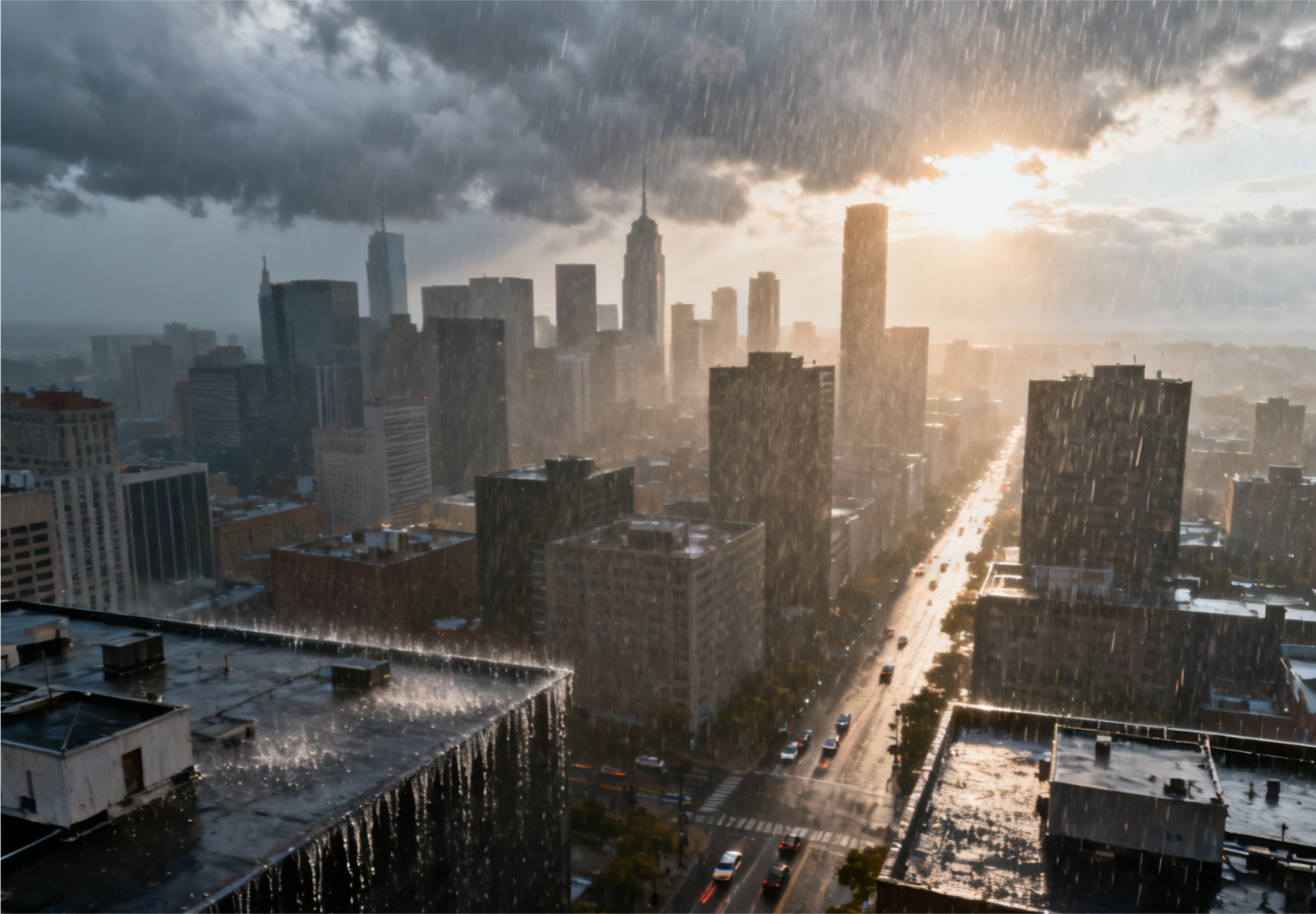 City skyline at sunset with heavy rain streaking down, wet rooftops and water cascading over edges, and a rain-slick avenue leading toward the glowing sun.