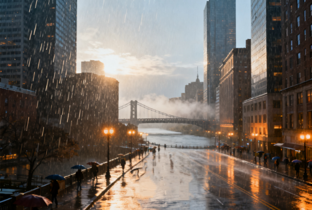 Rain-slick city street at dusk with pedestrians under umbrellas, tall glass buildings, wet reflections and a suspension bridge in the misty distance.