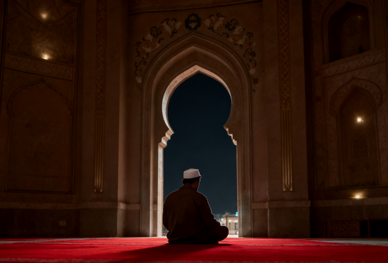Man sitting in prayer on a red carpet inside a dim mosque, silhouetted against an ornate arched doorway opening to the night sky.