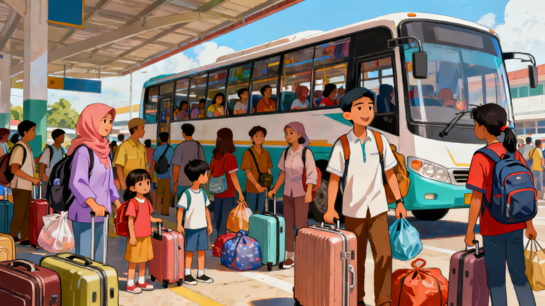 Busy bus terminal scene with travellers of different ages carrying suitcases and backpacks, a large coach in the background and families saying goodbye.
