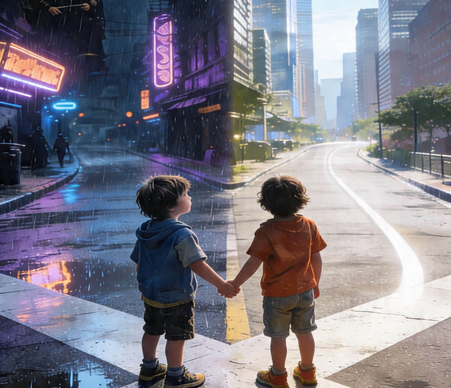 Two young children holding hands at a wet city crossroads, one side neon-lit in rain, the other bright and sunlit with modern buildings.