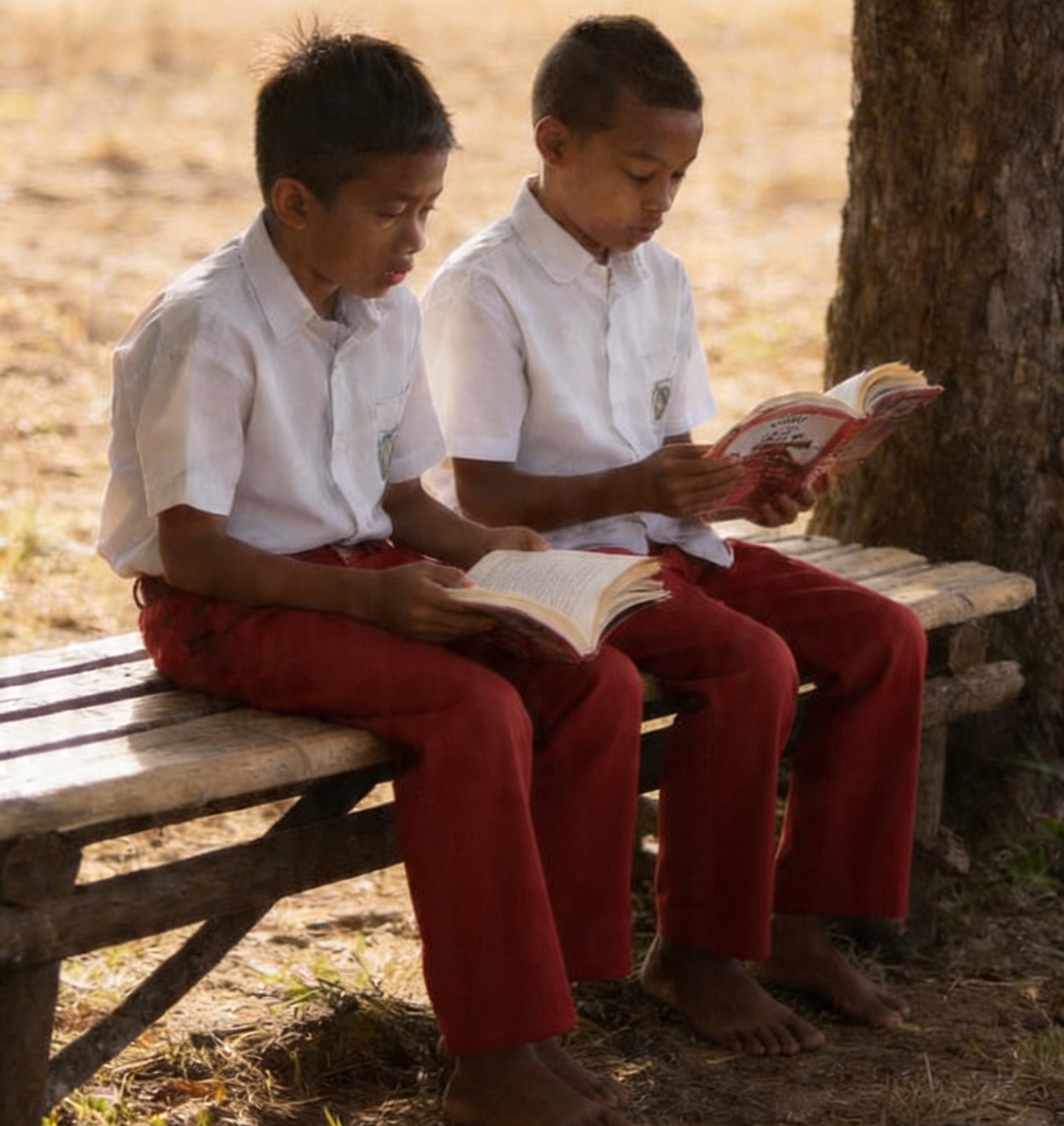 Two schoolboys in white shirts and red trousers sitting barefoot on a wooden bench under a tree, reading books quietly.