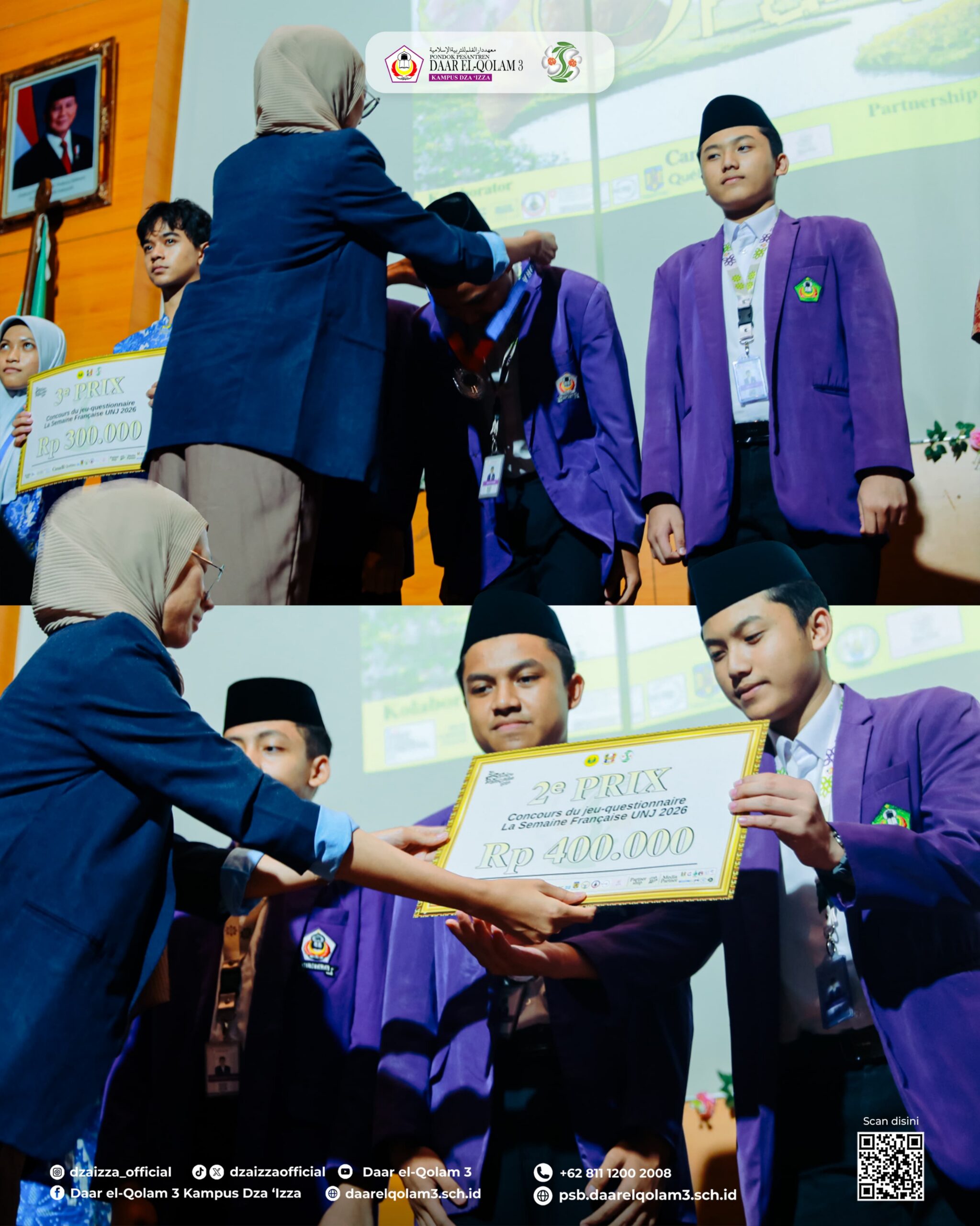 Students in purple blazers receive awards on stage as a woman places a medal and hands over a Rp 400.000 certificate