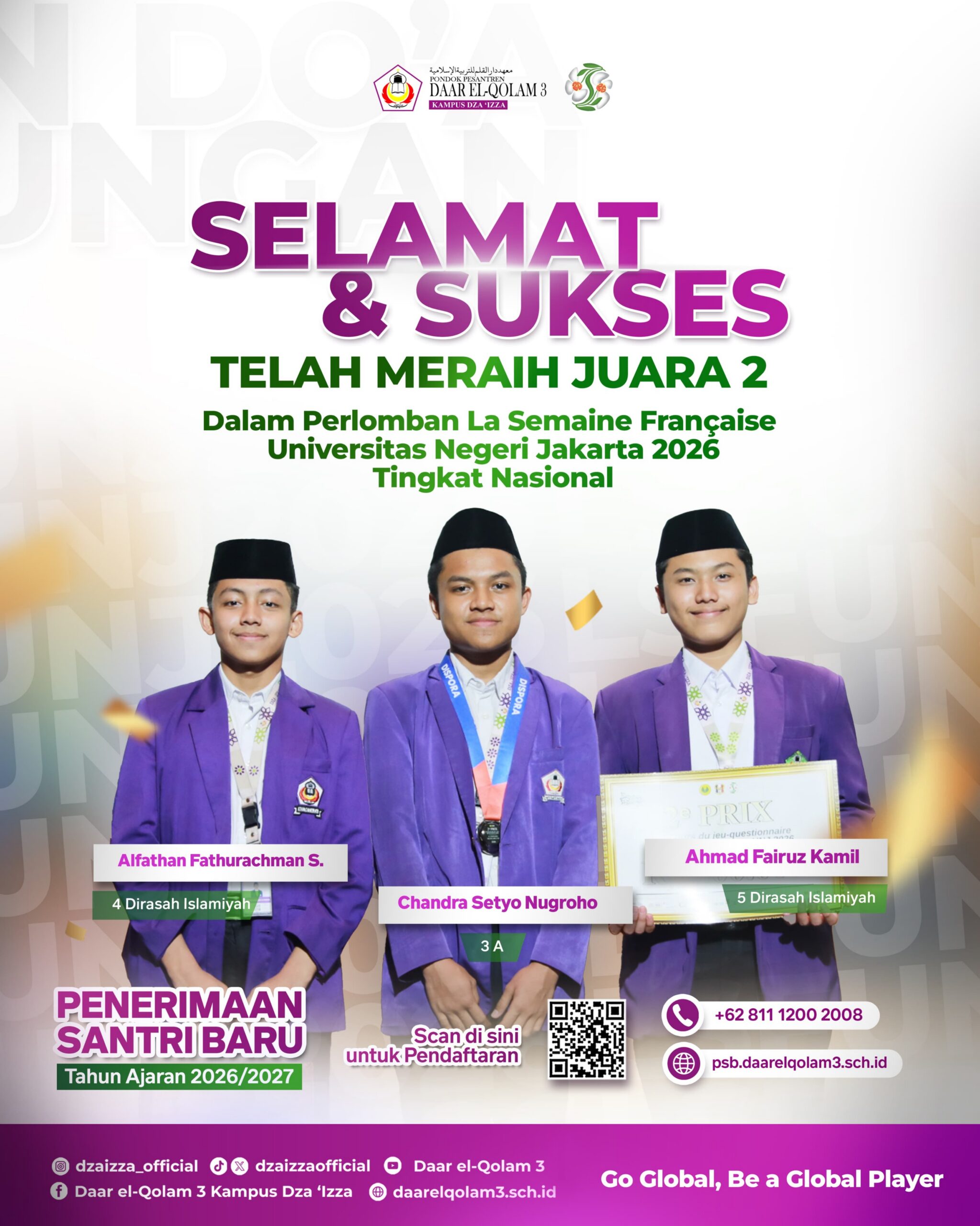 Three male students in purple blazers and black caps smiling and holding an award beneath a banner reading "Selamat & Sukses" and congratulating national second-place winners.