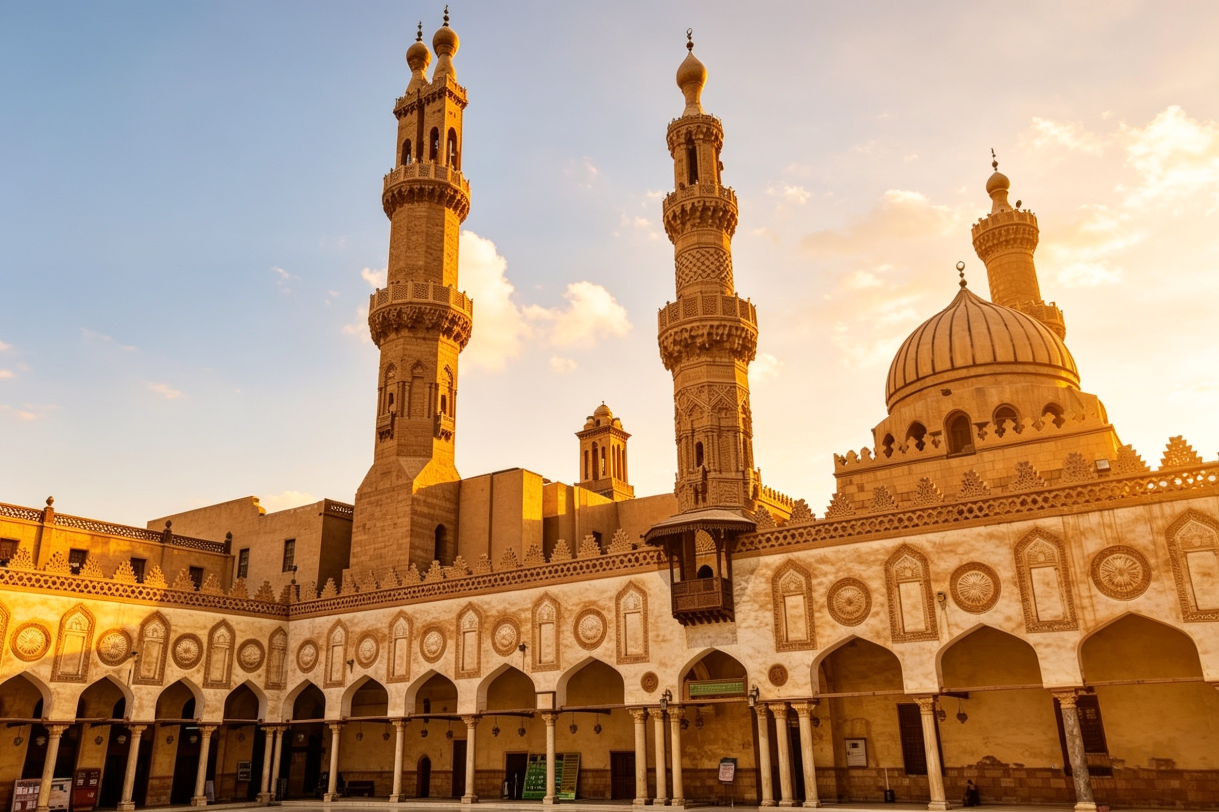 Golden-hued courtyard and ornate façade of a mosque with tall decorated minarets and a domed roof at sunset