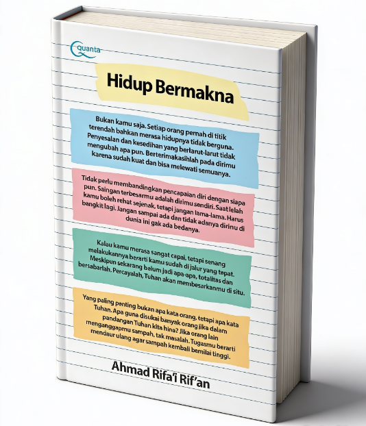 Paperback book titled "Hidup Bermakna" with lined-notebook style cover, coloured text blocks and the author name Ahmad Rifai Rif'an at the bottom