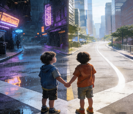 Two young boys holding hands at a city crossroads split between rainy neon night and sunny daytime streetscape.