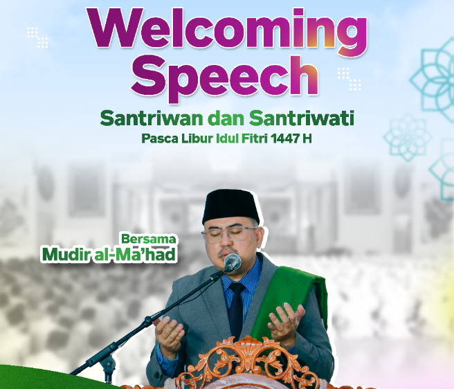Man in suit, songkok and green sash speaking into a microphone with hands raised in prayer at a lectern.