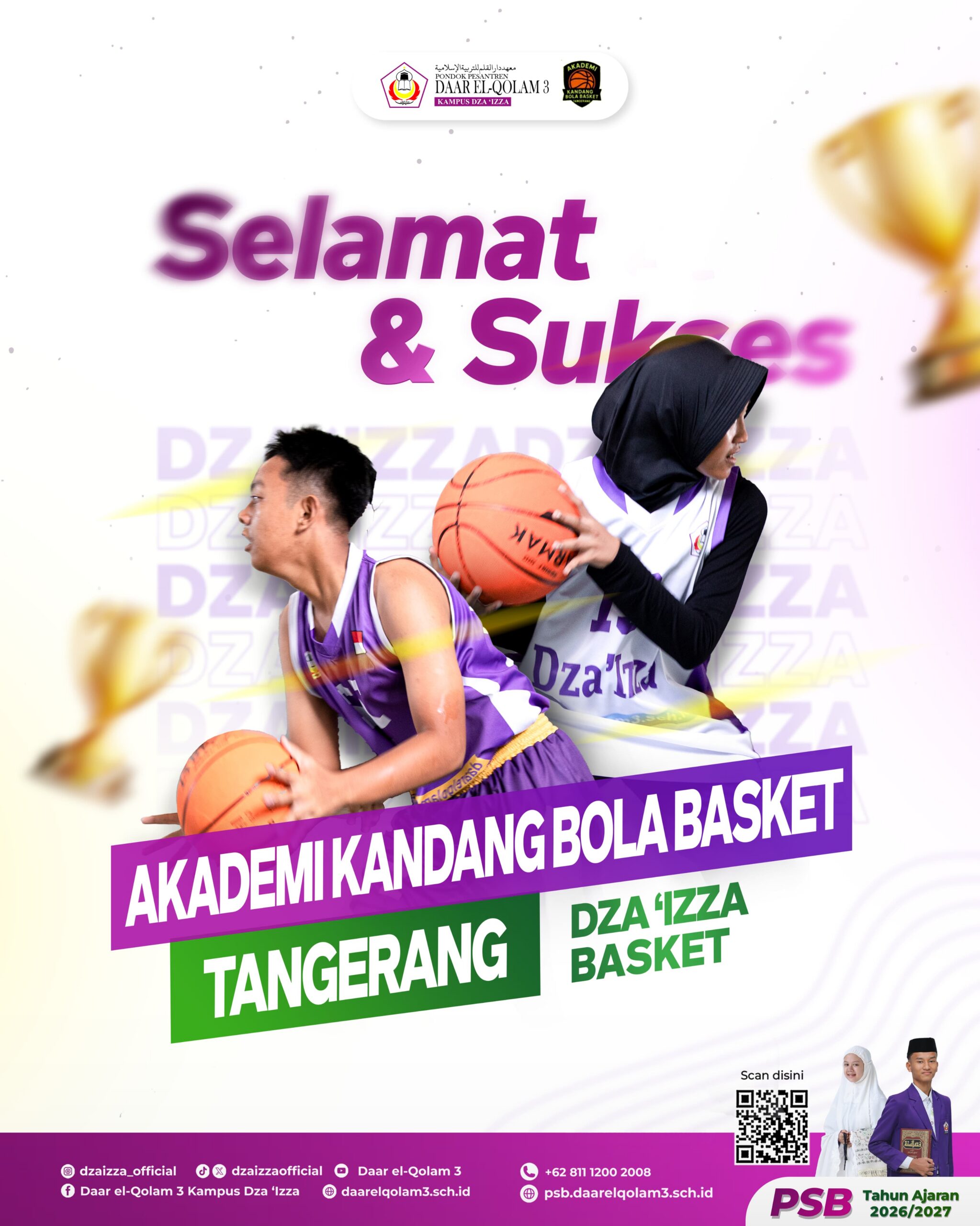 Two young basketball players in purple uniforms, one wearing a hijab, holding a ball over a promotional purple and green poster.